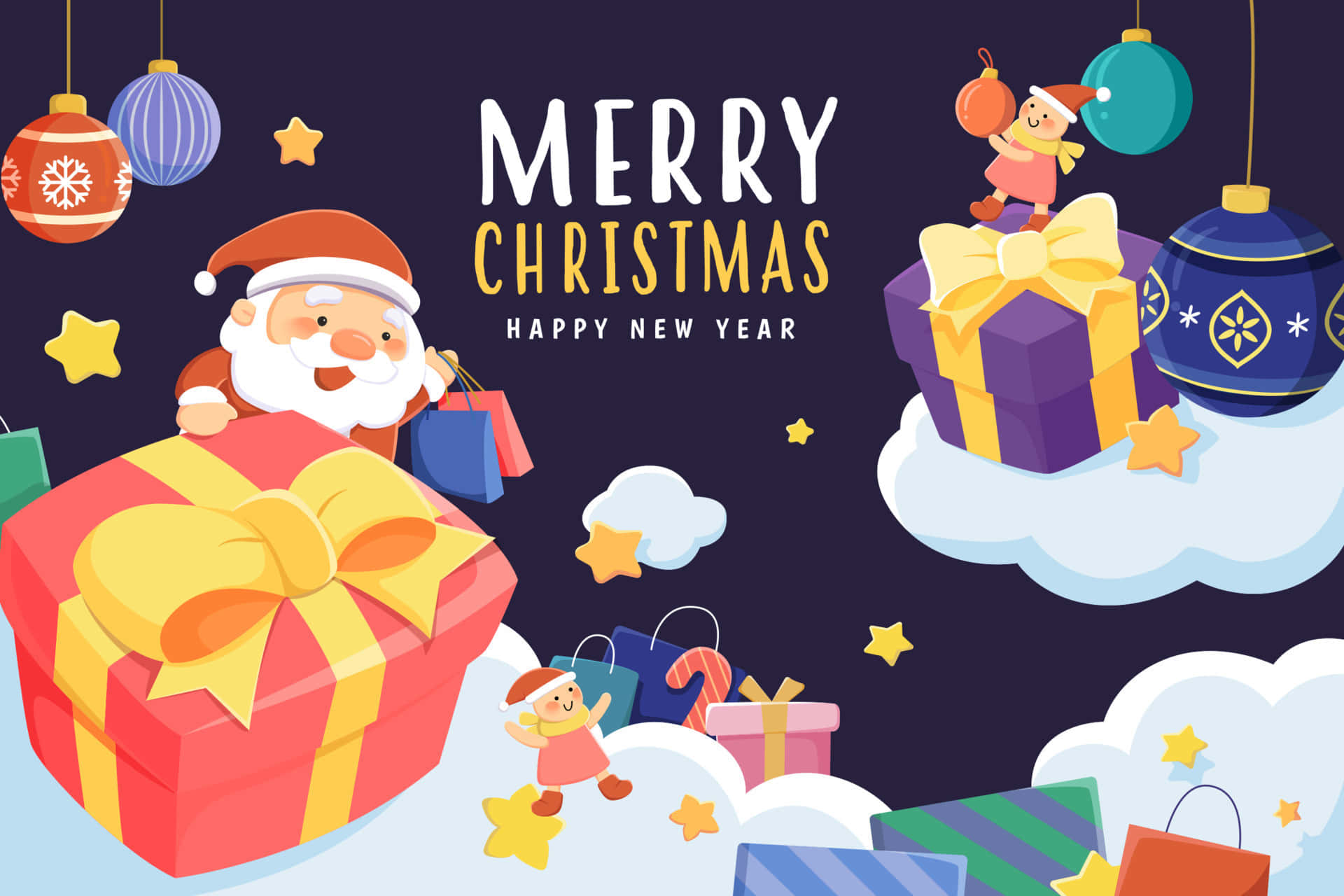 Tarjeta de felicitación con duendes navideños, Santa y regalos Fondos de pantalla