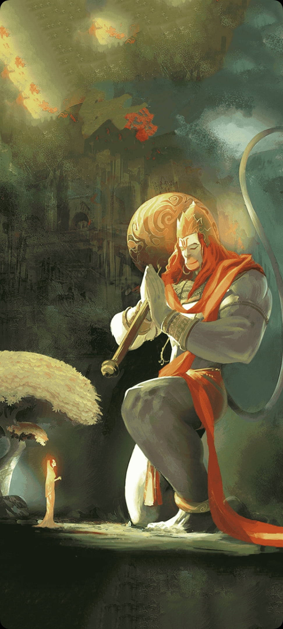 Teléfono del Dios Hindú Hanuman en Oración Fondos de pantalla