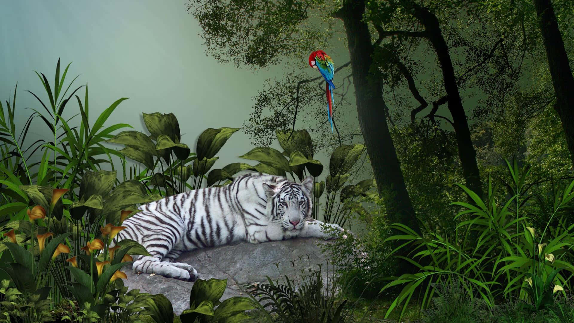 Tigre y loro en la jungla para escritorio Fondos de pantalla
