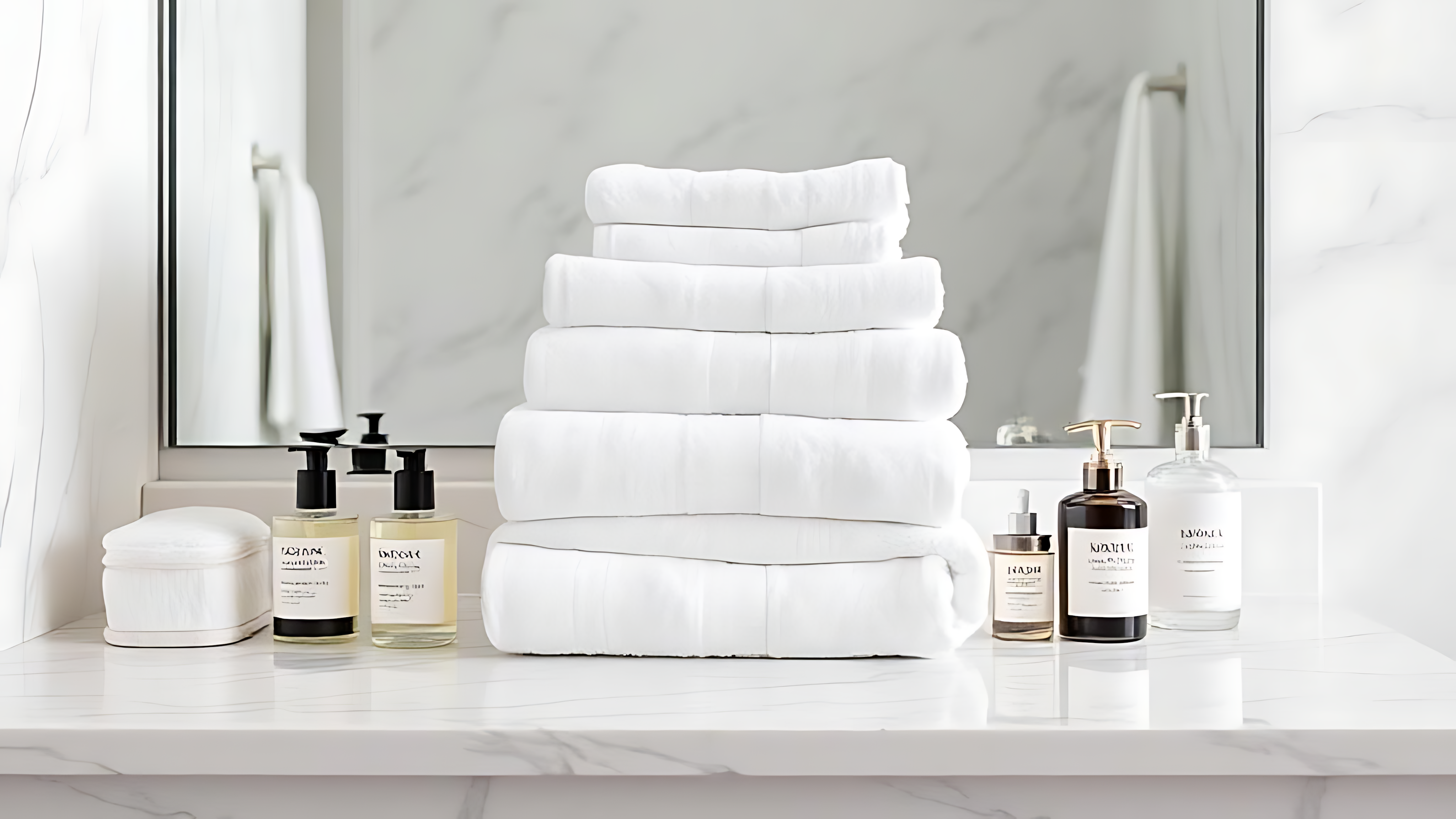 Toallas blancas perfectamente dobladas en un baño Fondos de pantalla