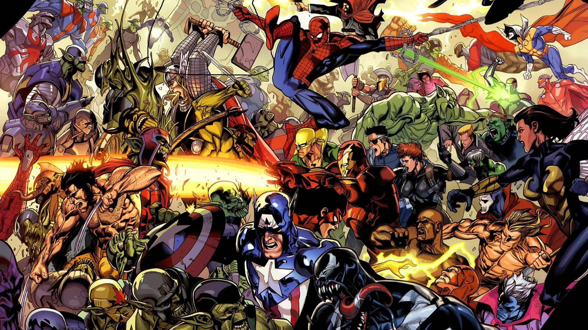 Superhéroes y villano de Marvel en un fondo de cómic.