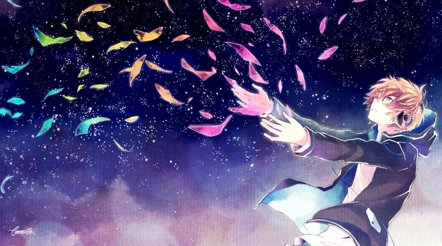 Fondo de pantalla de niño anime relajándose con música