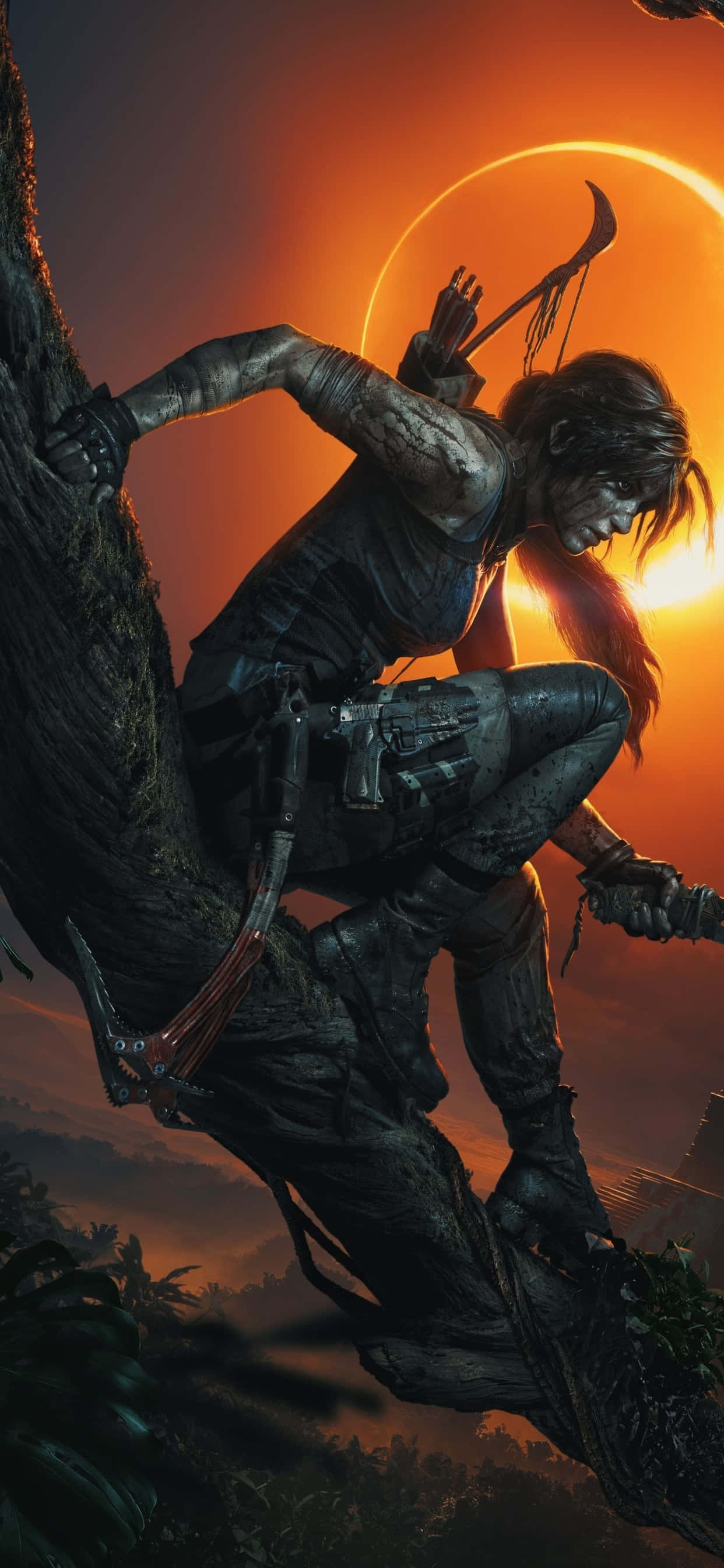Tomb Raider está en el bosque con un sol detrás de ella Fondos de pantalla