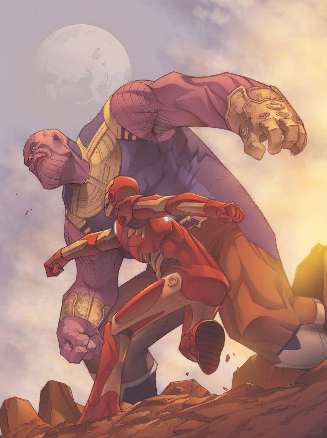 Tony Stark lucha contra Thanos por el destino del universo. Fondos de pantalla