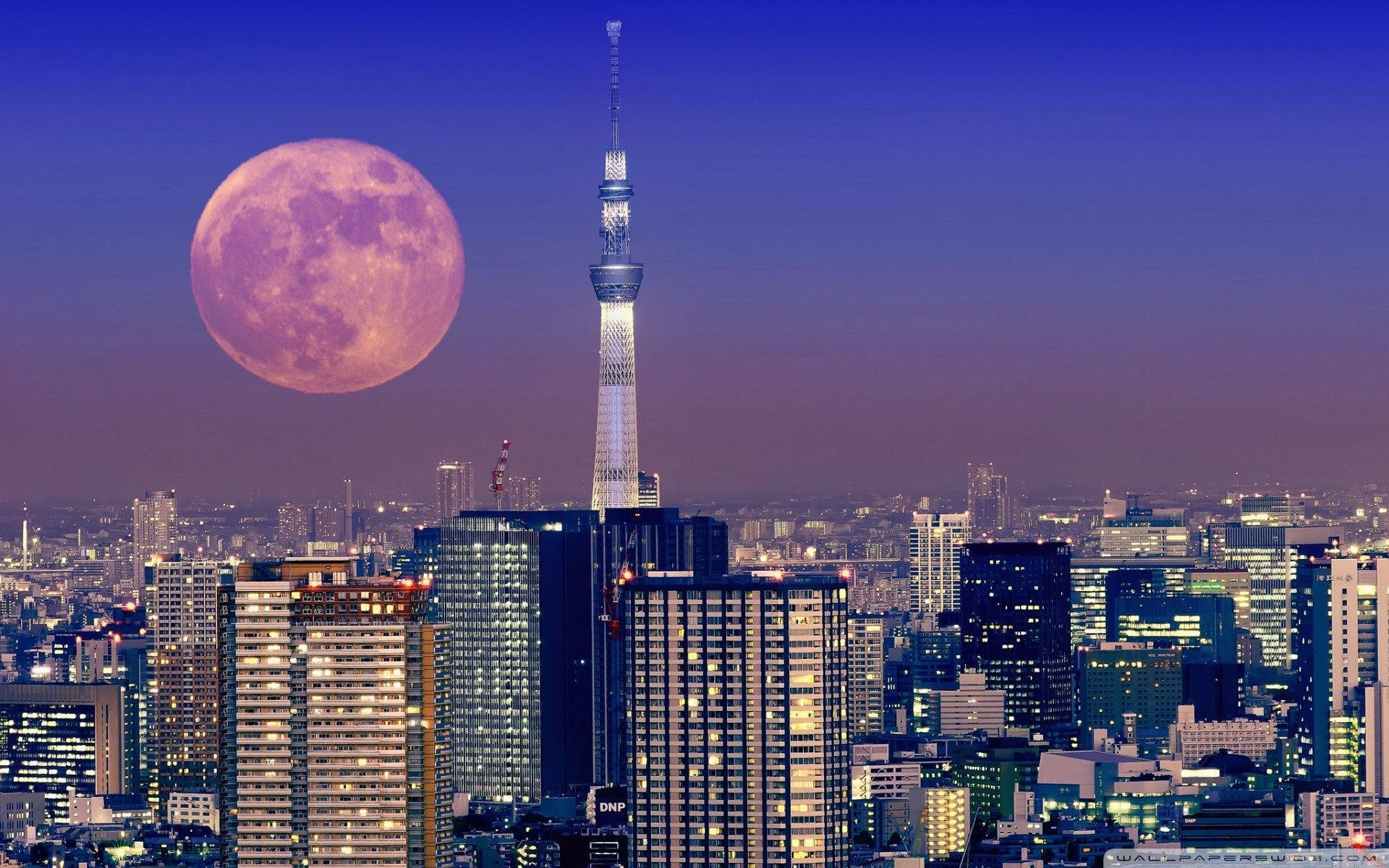 Torre de Tokio y luna con estética japonesa para computadora Fondos de pantalla