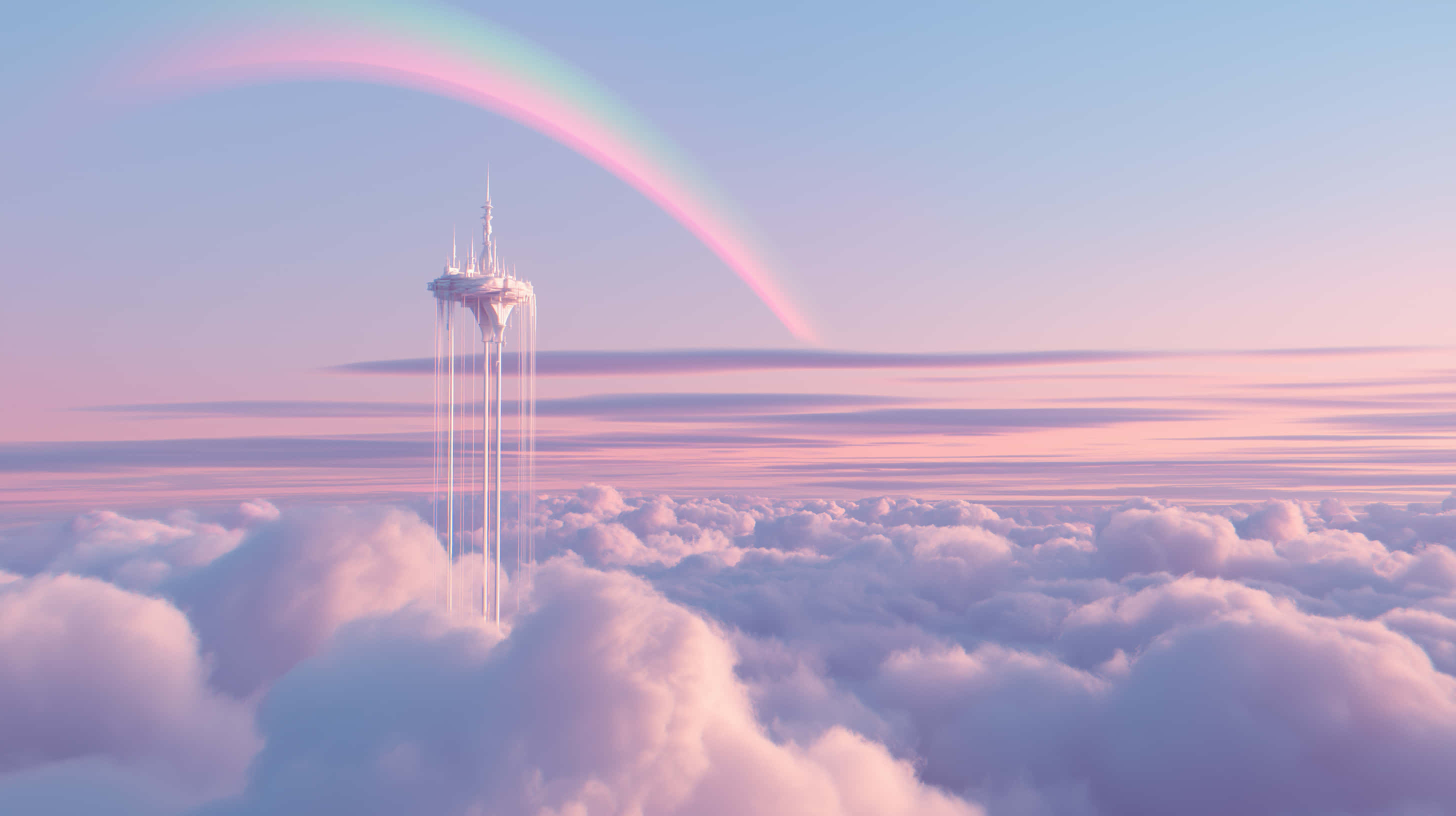 Torre del cielo minimalista sobre las nubes con un suave arcoíris Fondos de pantalla