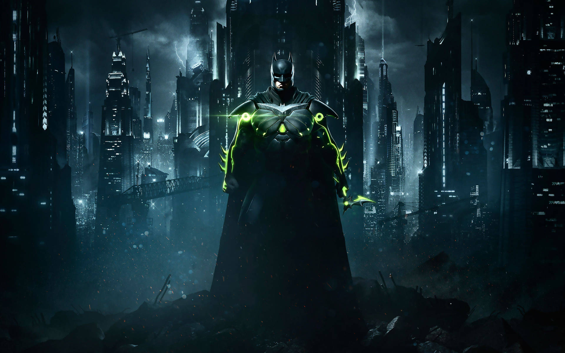 Fondo de pantalla 4K de Batman con luz verde en su traje.