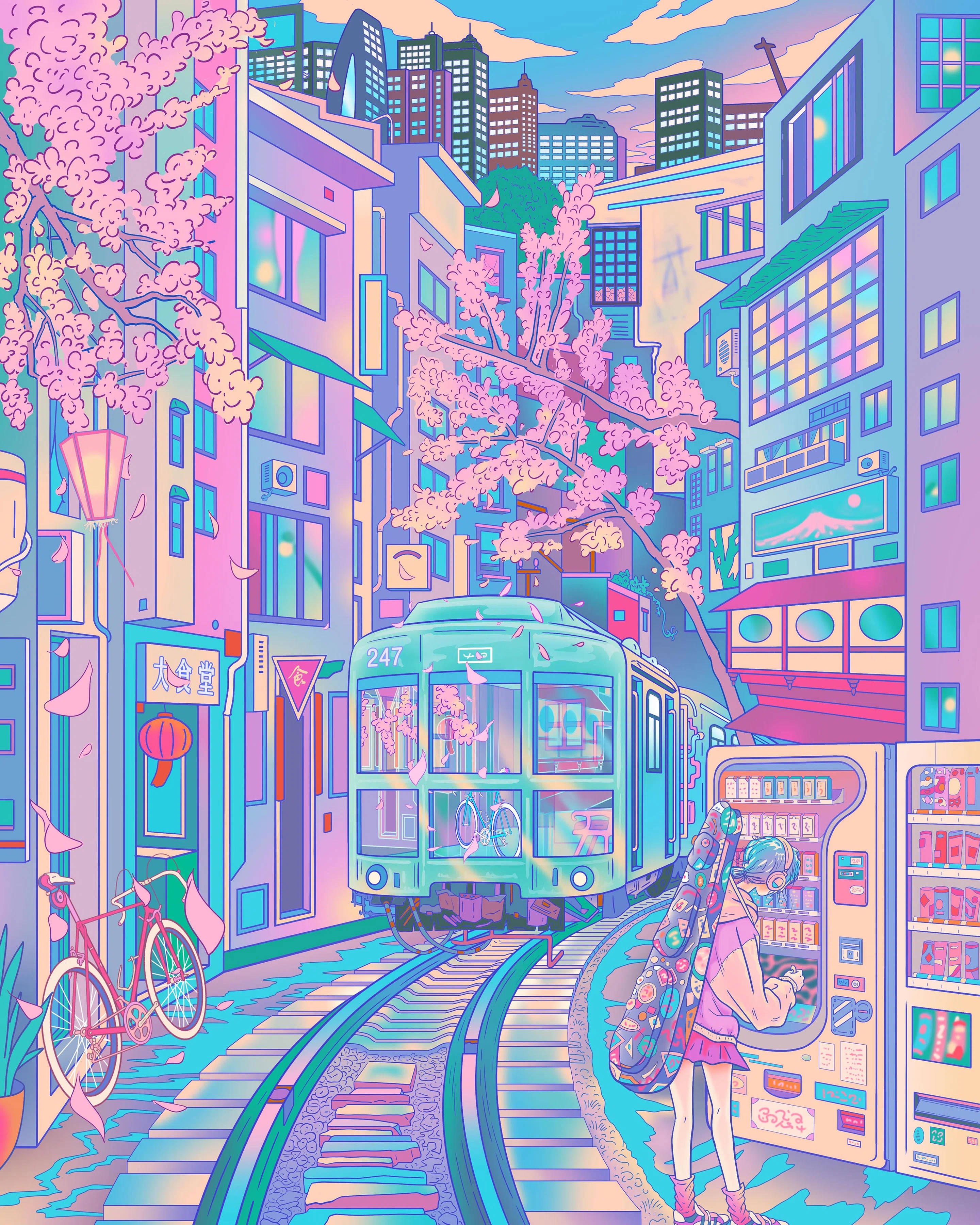 Tren entrando a una ciudad japonesa estética pastel Fondos de pantalla