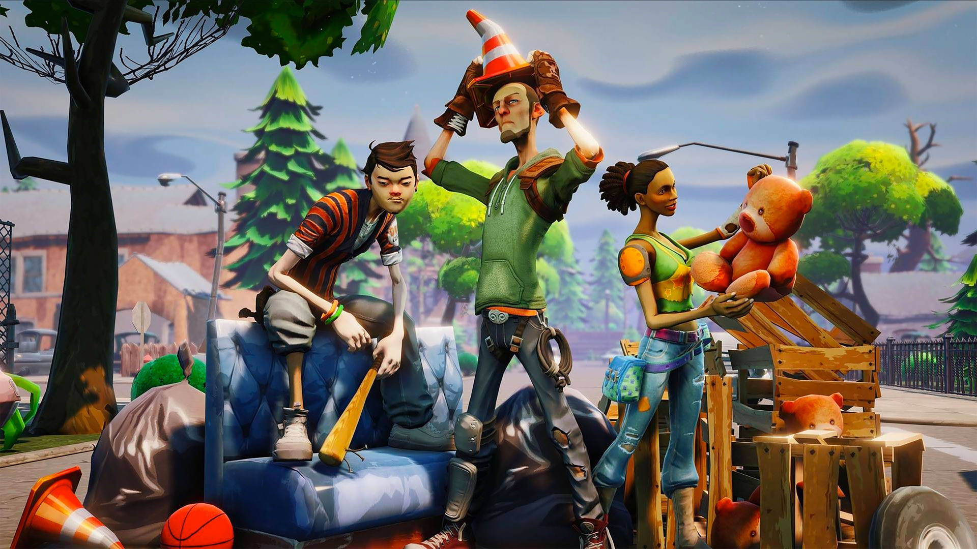 Tres personajes de Fortnite posando en las calles, fondo de pantalla HD.