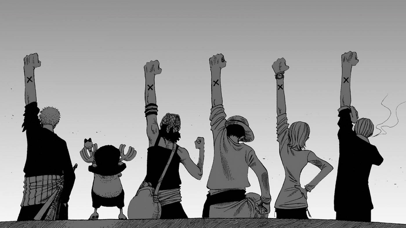 Tripulación Animando y Luffy en Blanco y Negro Fondos de pantalla