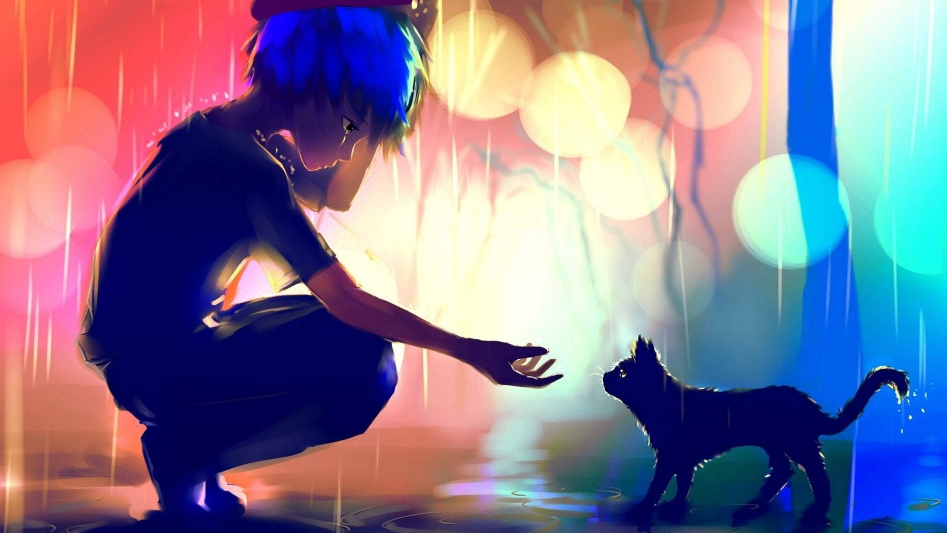 Triste chico acariciando a un gato negro Fondos de pantalla