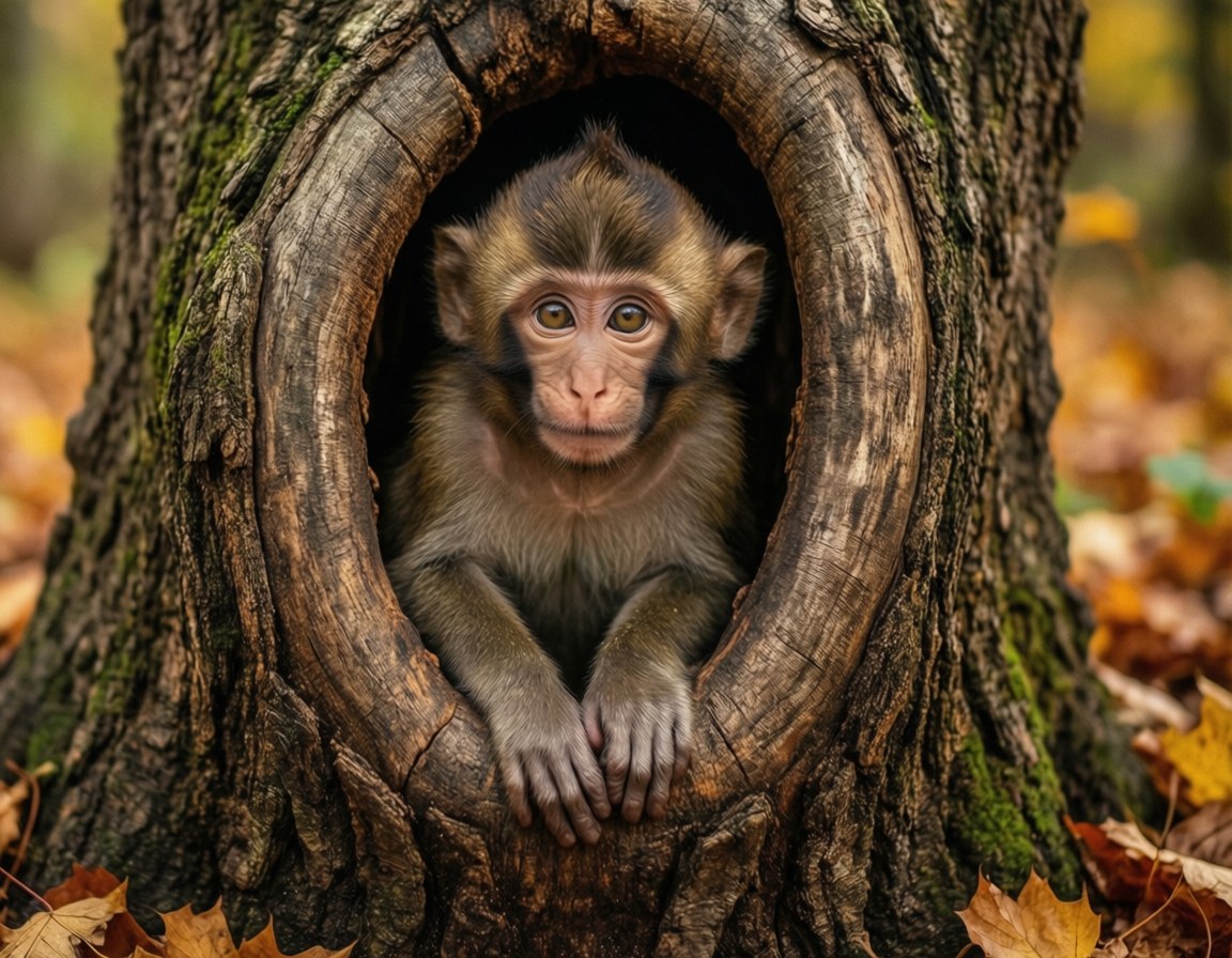 Tronco de Árbol con Mono Asomándose Fondos de pantalla