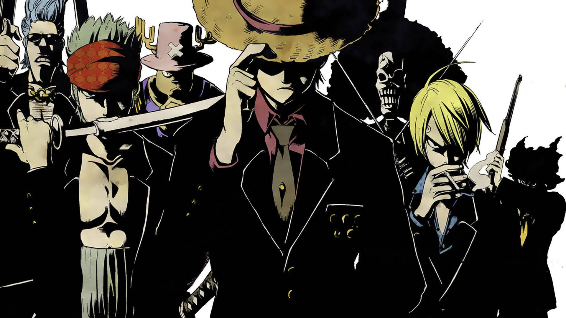 Wallpaper de la tripulación masculina de Sombrero de Paja de One Piece luciendo elegantes con traje negro.