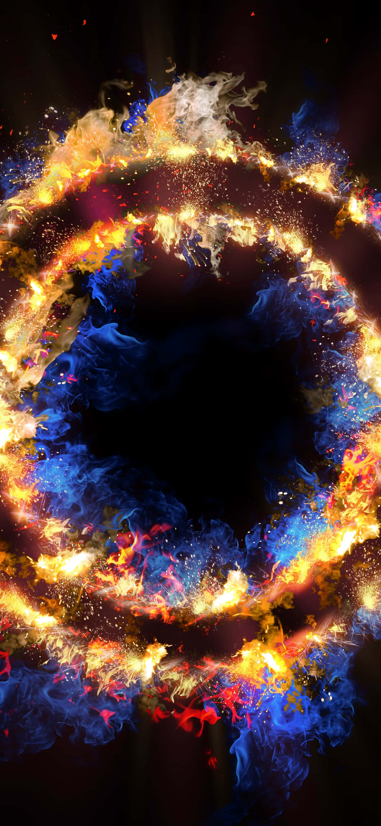 un anillo de fuego con llamas azules y naranjas Fondos de pantalla
