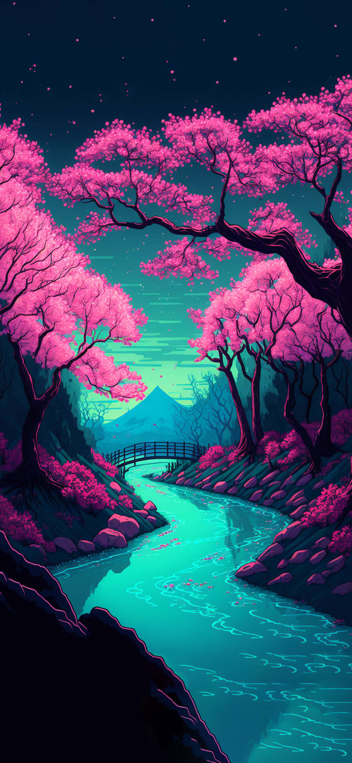 un árbol rosa con un río al fondo Fondos de pantalla