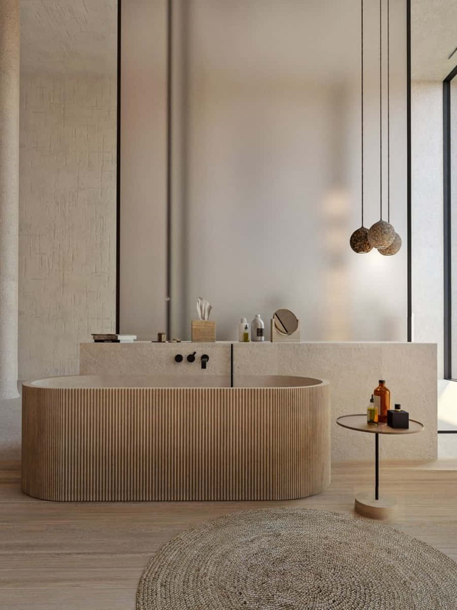 un baño con una bañera de madera y un piso de madera Fondos de pantalla
