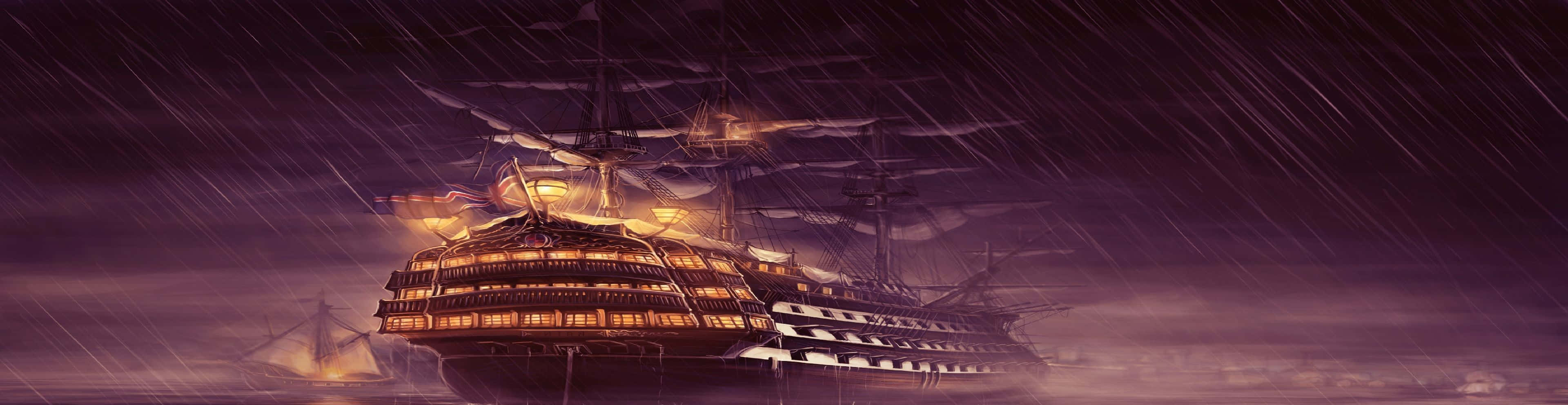 Un barco pirata bajo la lluvia con una luz encendida Fondos de pantalla
