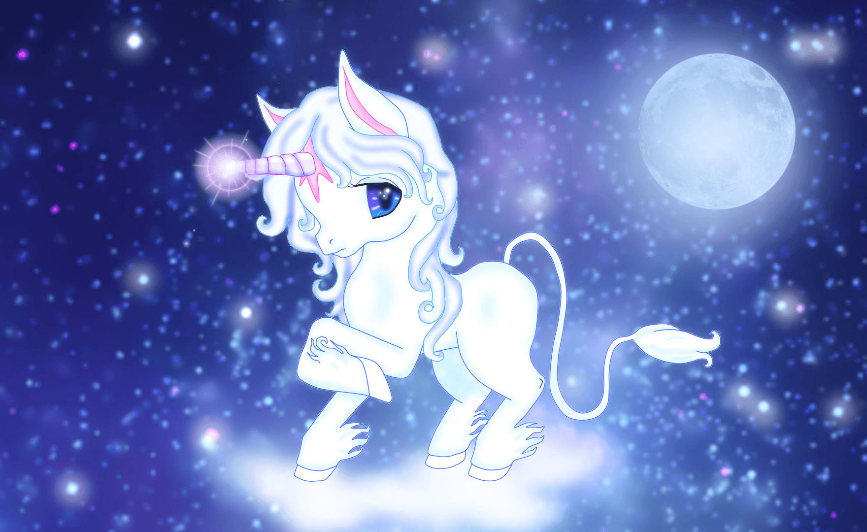 Bebé unicornio blanco con ojos azules de pie en una galaxia azul estrellada con una luna llena brillante detrás.