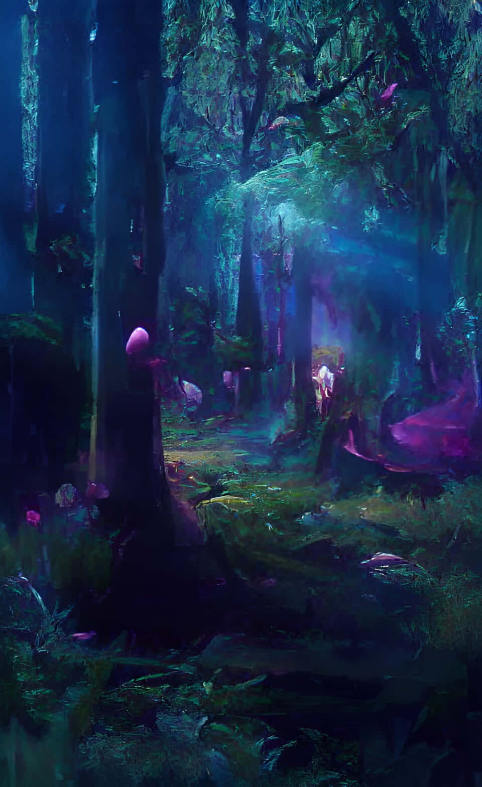 un bosque con muchos árboles y muchas luces púrpuras Fondos de pantalla