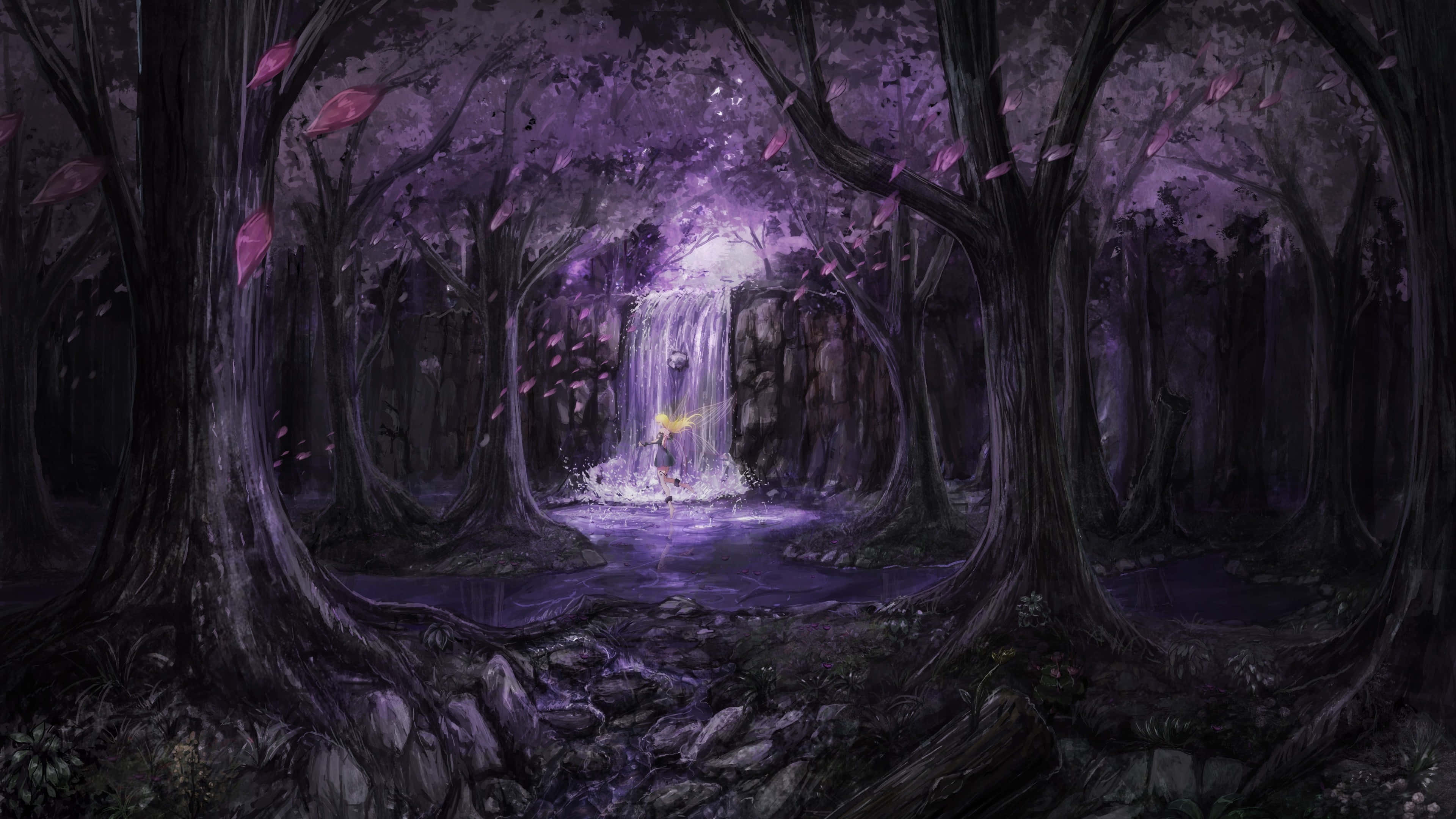 un bosque morado con una cascada en medio Fondos de pantalla