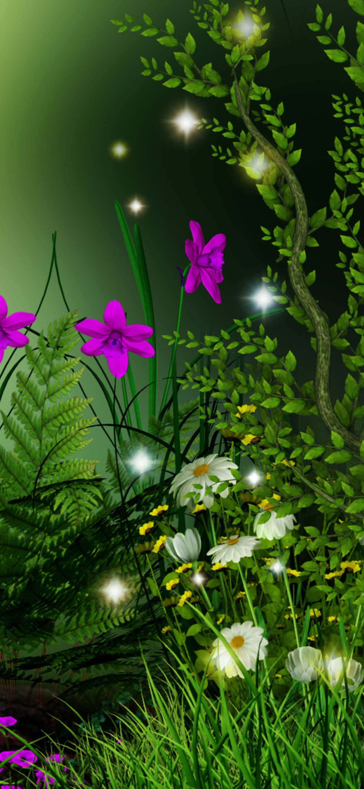 un bosque verde con flores y mariposas Fondos de pantalla