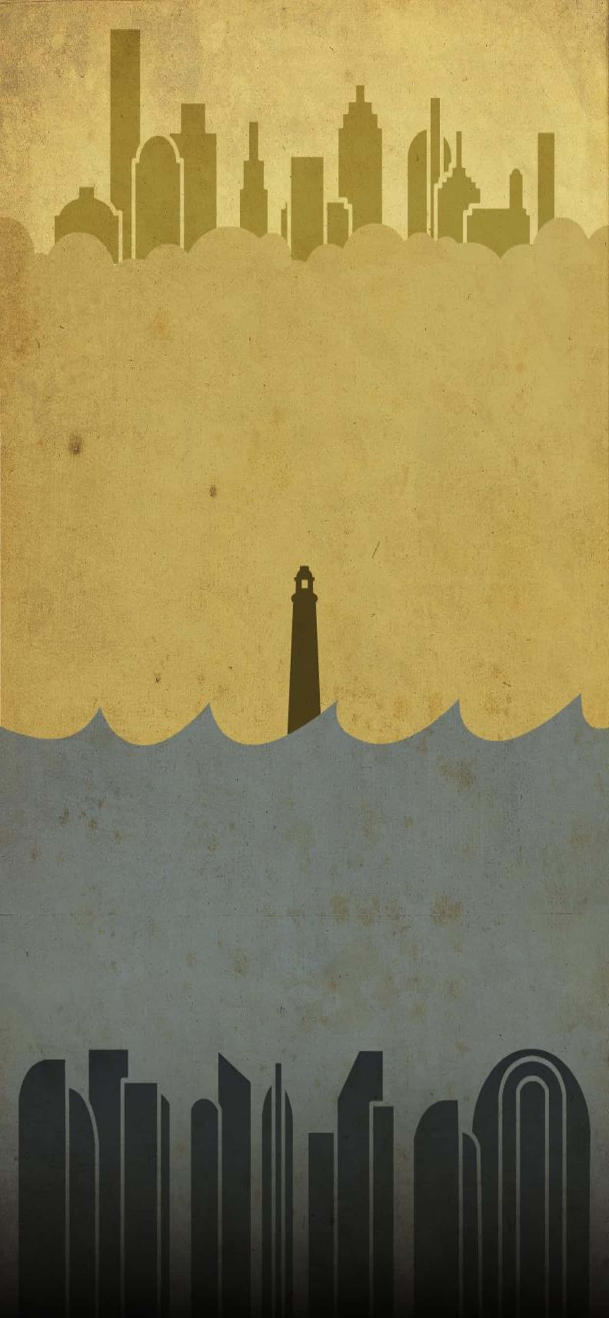 Un póster con una ciudad y un faro Fondos de pantalla