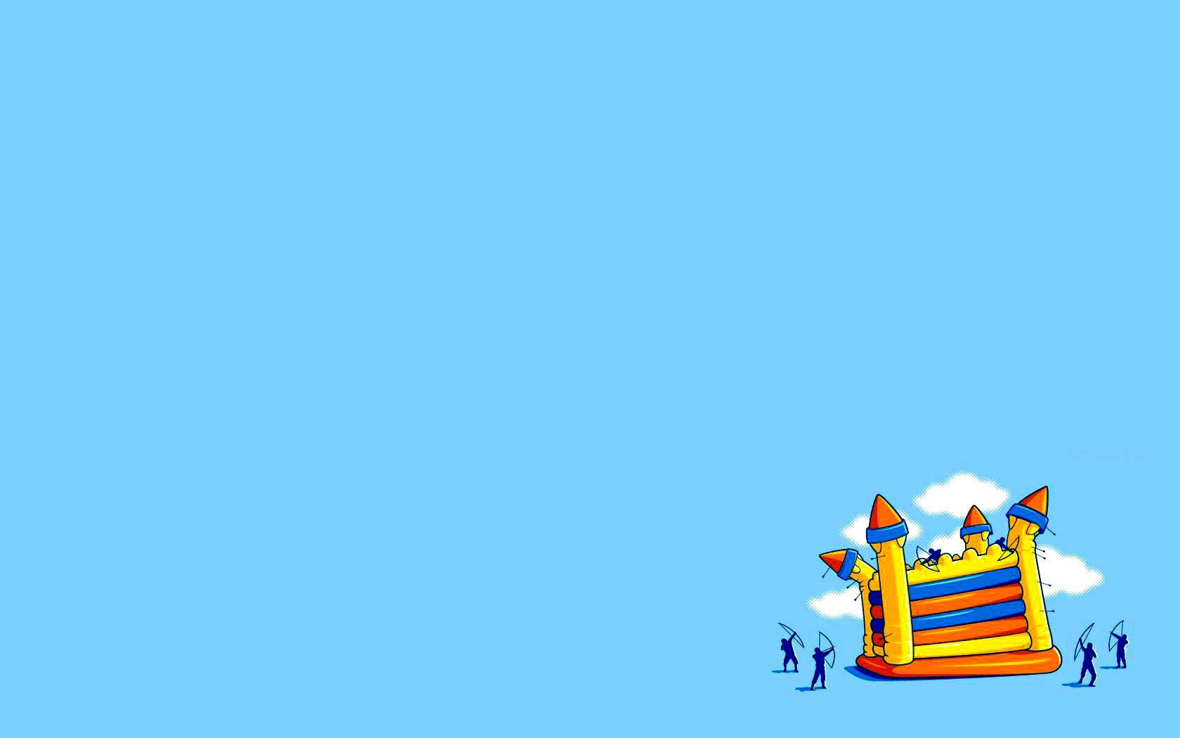 Lindo castillo minimalista multicolor de dibujos animados sobre un fondo azul cielo liso.