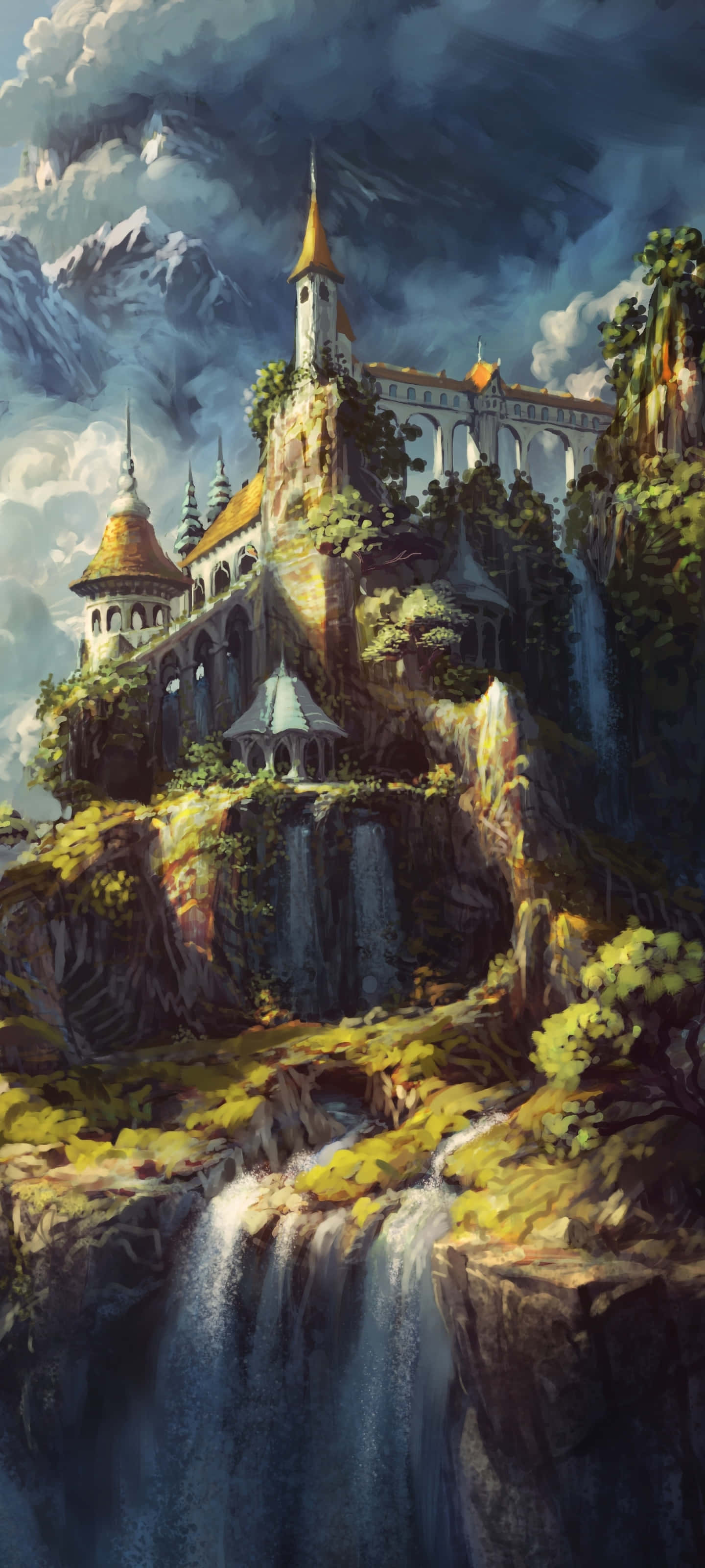 Un castillo de fantasía en una montaña con cascadas Fondos de pantalla