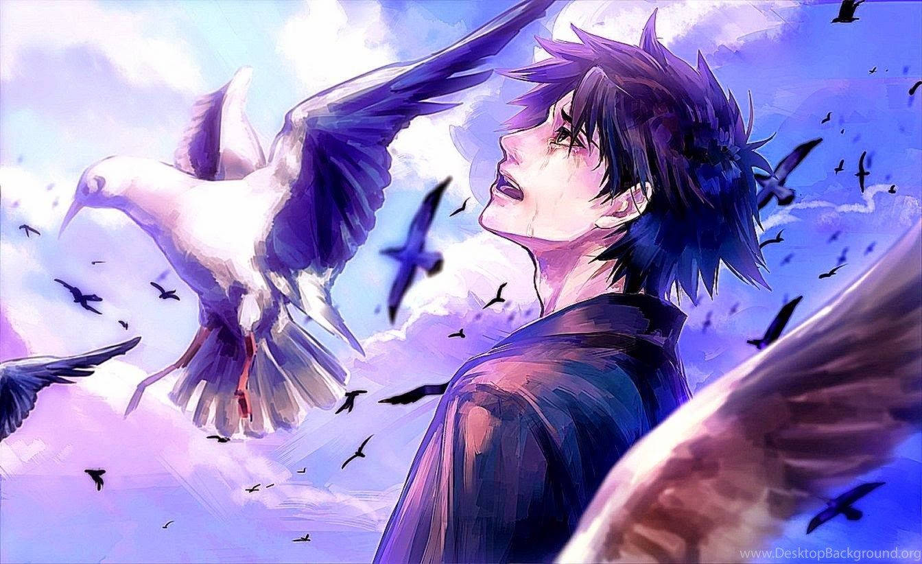 Un Chico Anime Triste, Observando un Vuelo Solitario de Pájaros Fondos de pantalla