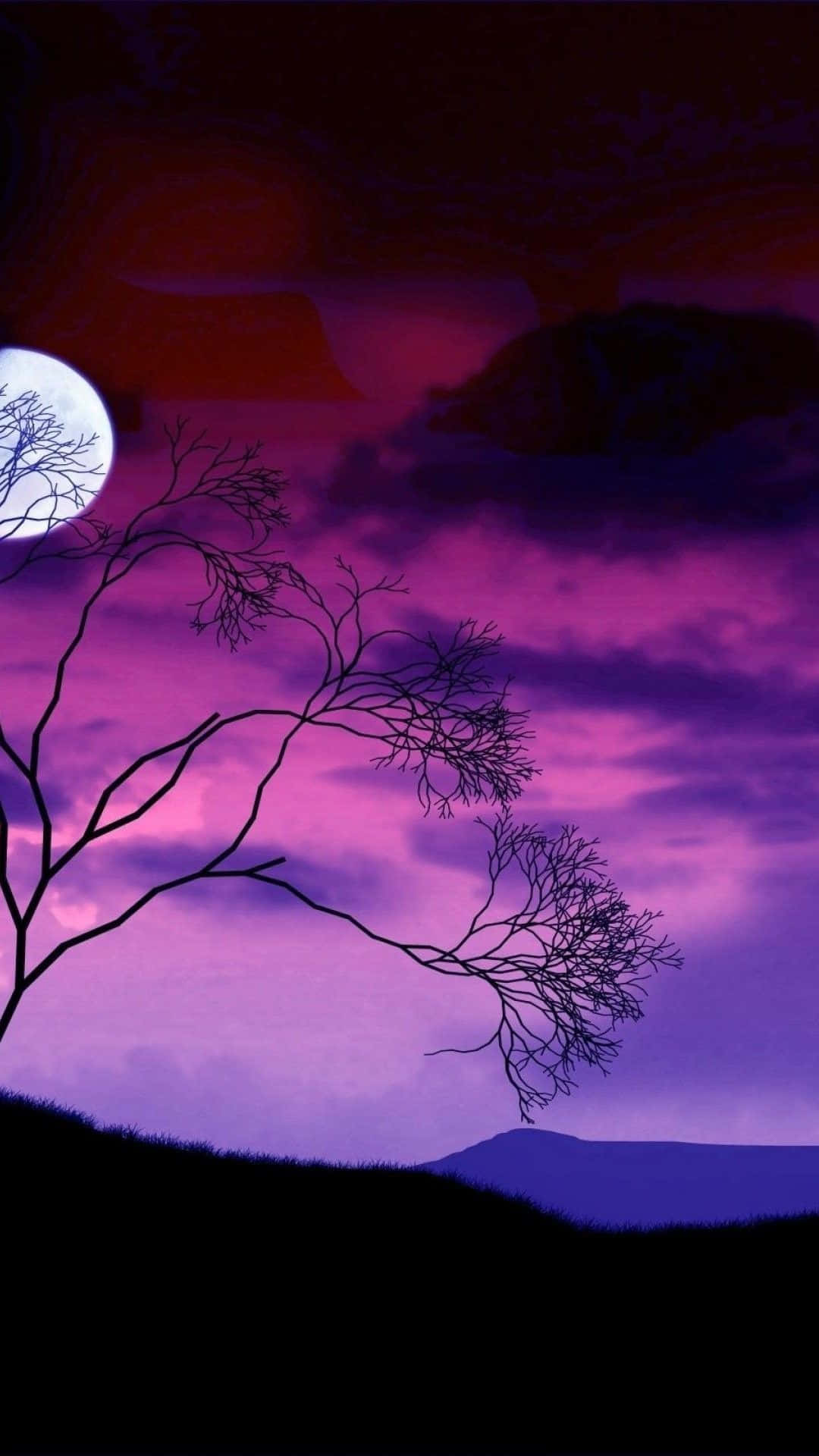 Un cielo púrpura con un árbol y la luna Fondos de pantalla