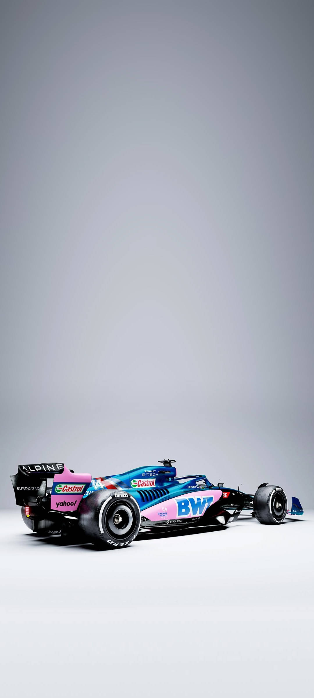 un coche de carreras azul y rosa sobre fondo gris Fondos de pantalla
