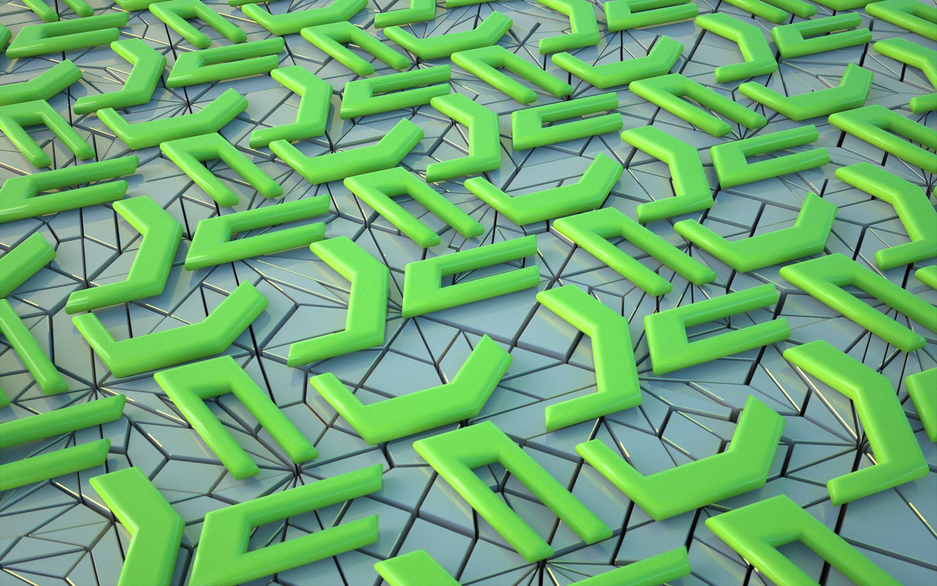 Fondo de pantalla 3D de formas verdes neón sobre una superficie gris.