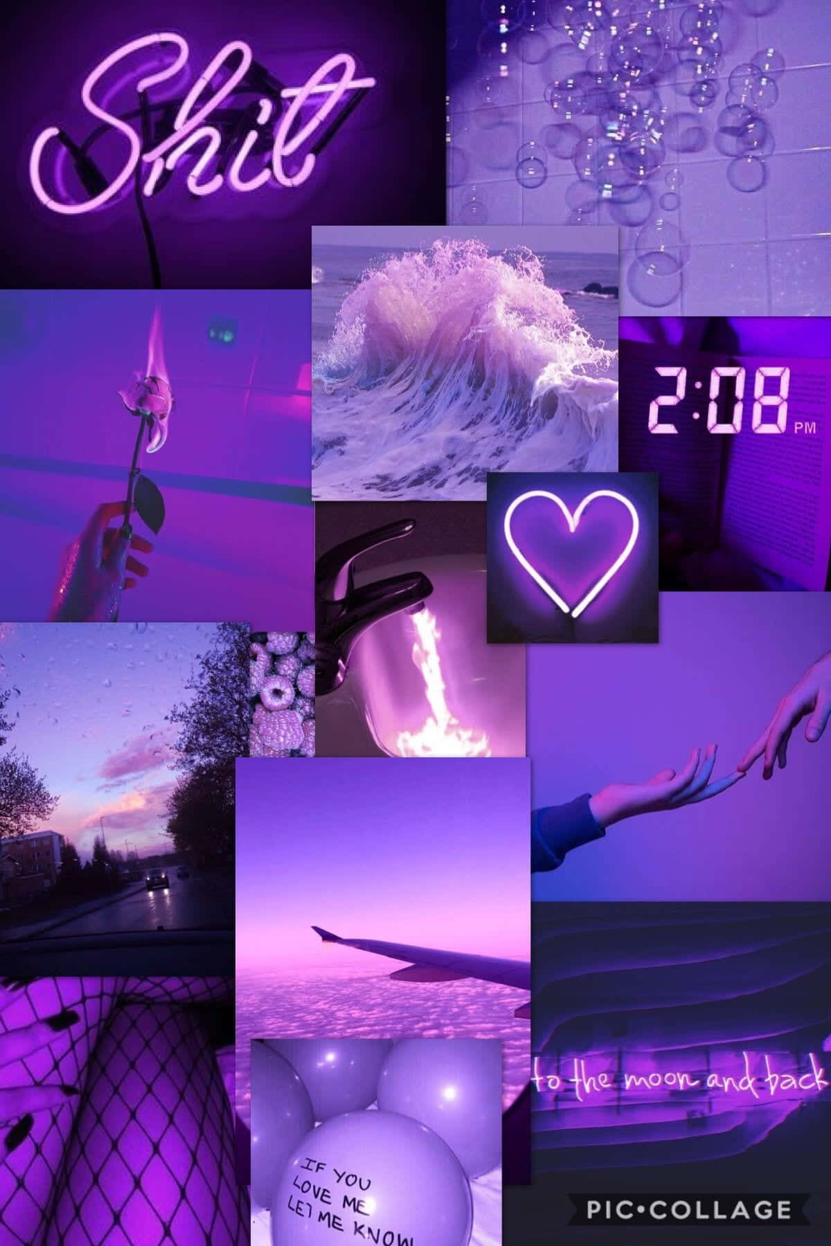 un collage de fotos con luces moradas y un reloj Fondos de pantalla