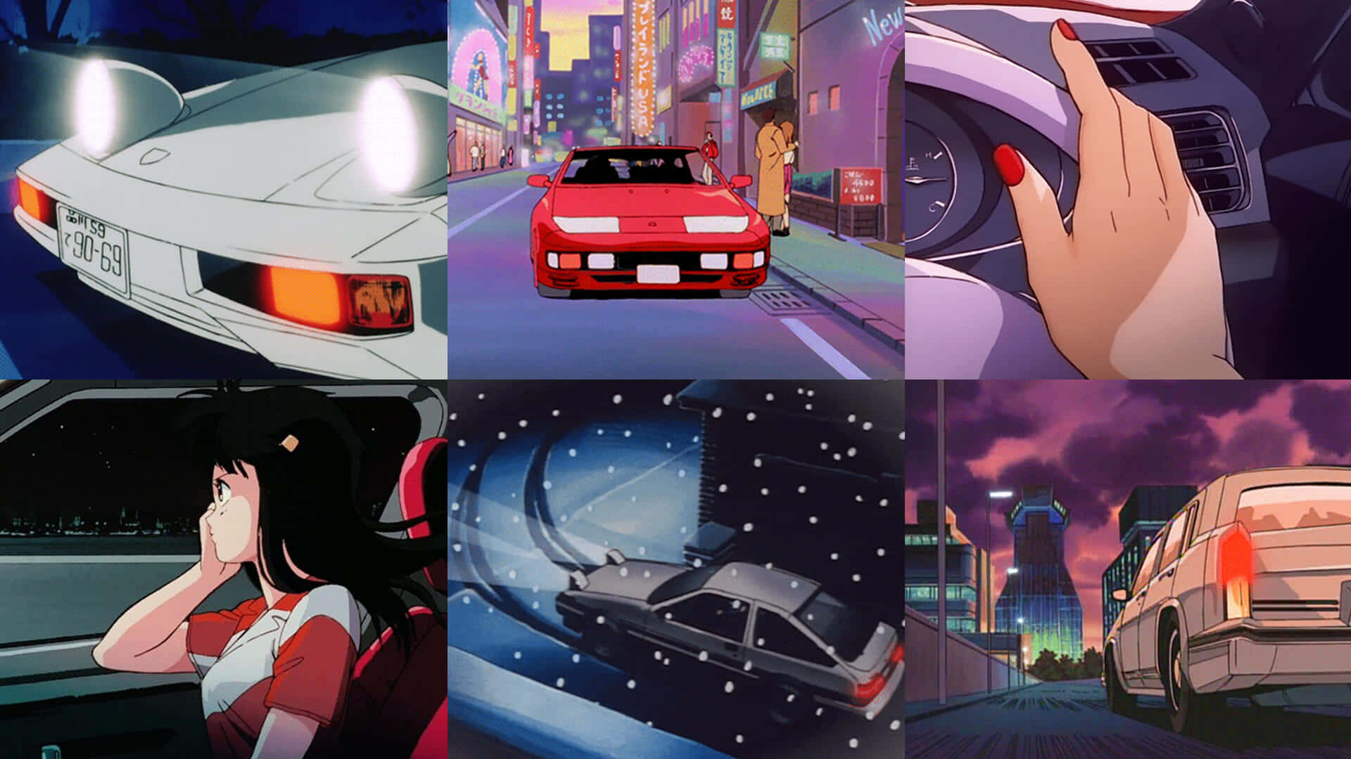 Un collage de imágenes de anime con un coche y una mujer Fondos de pantalla