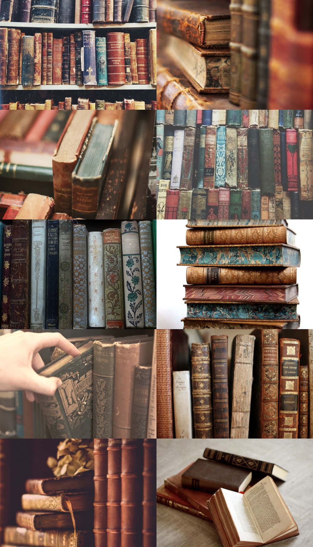 Un collage de libros antiguos en un estante Fondos de pantalla