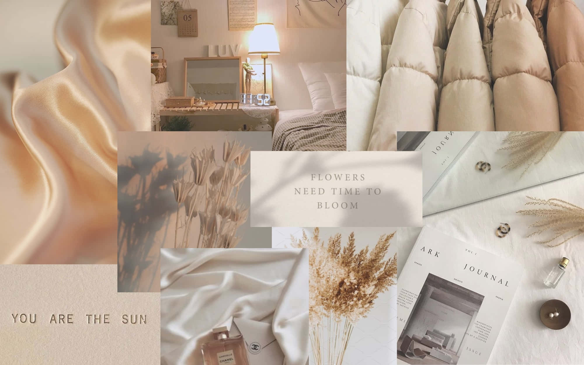 un collage de varios artículos que incluye una cama, almohadas y una lámpara Fondos de pantalla