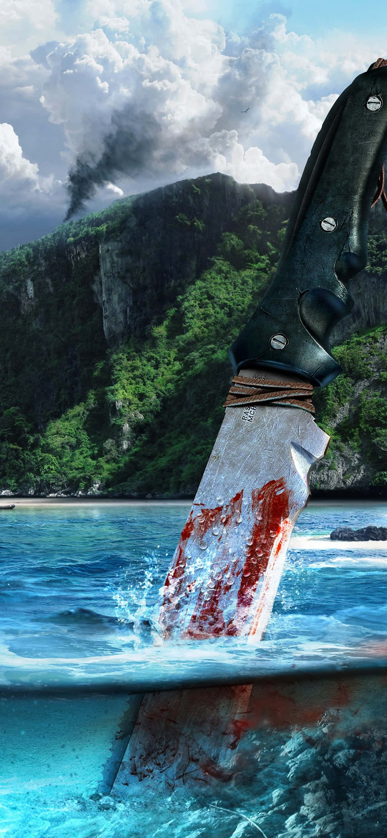 un cuchillo flotando en el agua con una montaña al fondo Fondos de pantalla