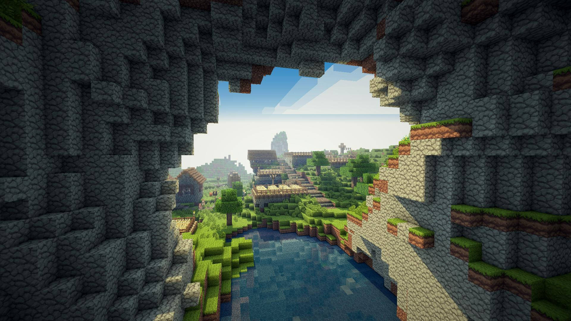 Fondo de pantalla HD de las grandes cuevas de Minecraft con paredes y bosque