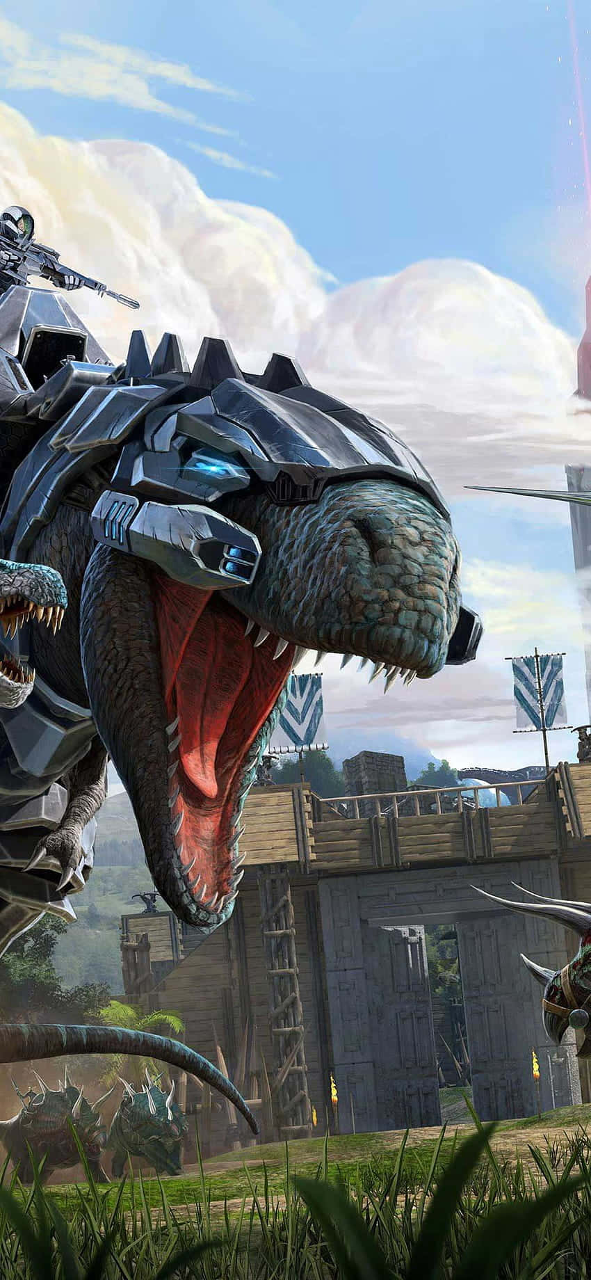 Un dinosaurio volando frente a una ciudad Fondos de pantalla