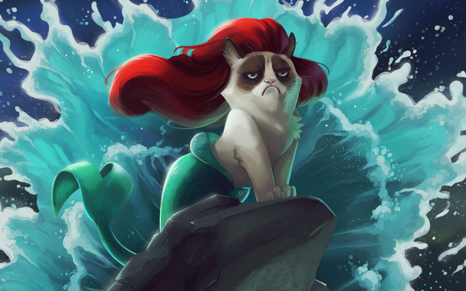 Fondo de pantalla de gato sirena sobre roca con salpicaduras de agua turquesa.