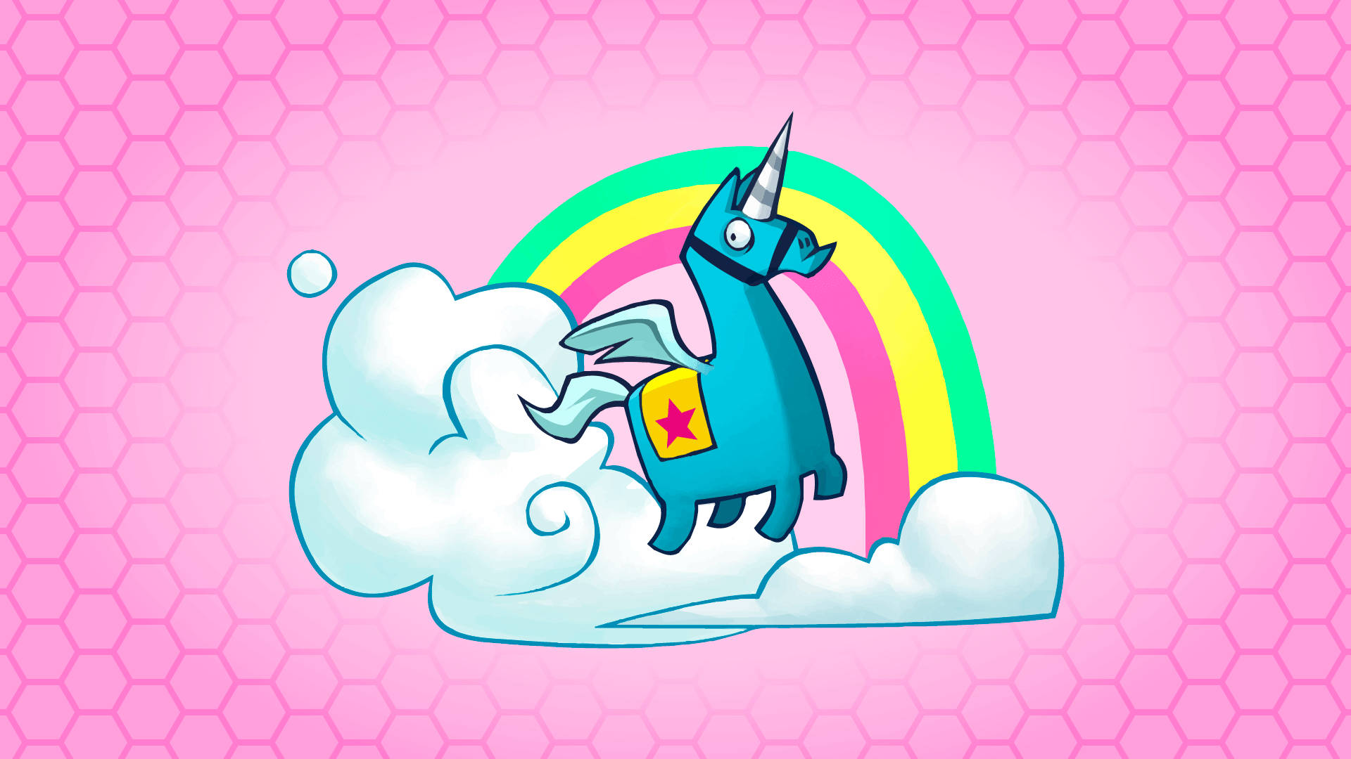 Arte digital de unicornio con bordes afilados que parece hecho de papel azul con nubes y arcoíris en pared rosa.
