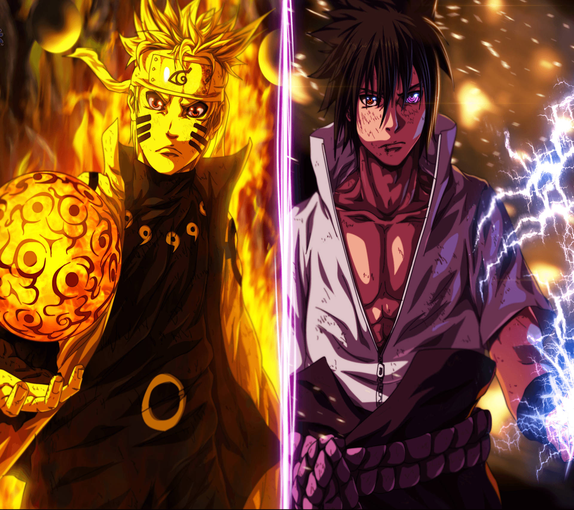 Chakra de Naruto, jutsu y rasenshuriken contra chidori y rinnegan de Sasuke.