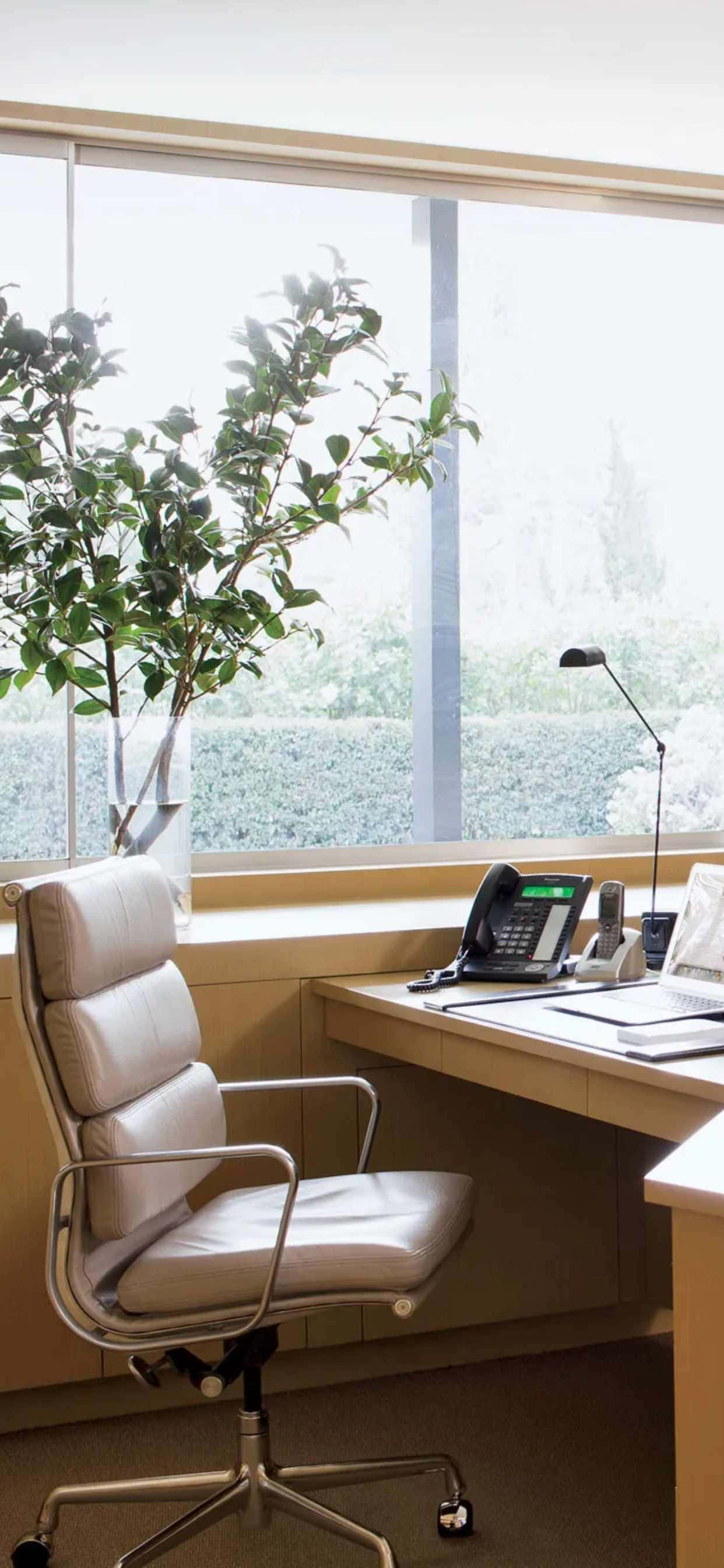 un escritorio blanco con una silla y una planta Fondos de pantalla