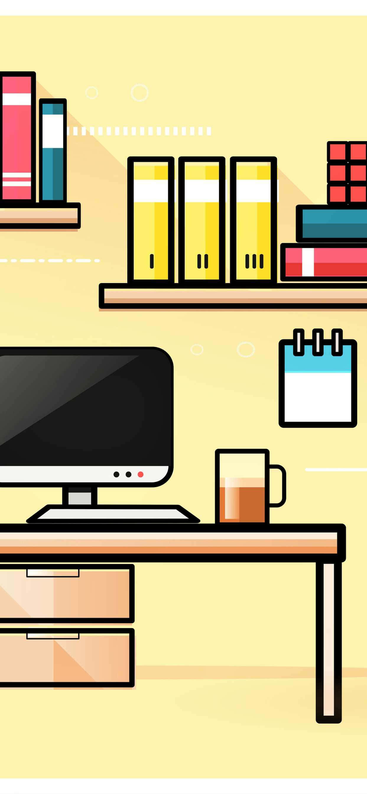 Un escritorio con una computadora, libros y una taza de café Fondos de pantalla