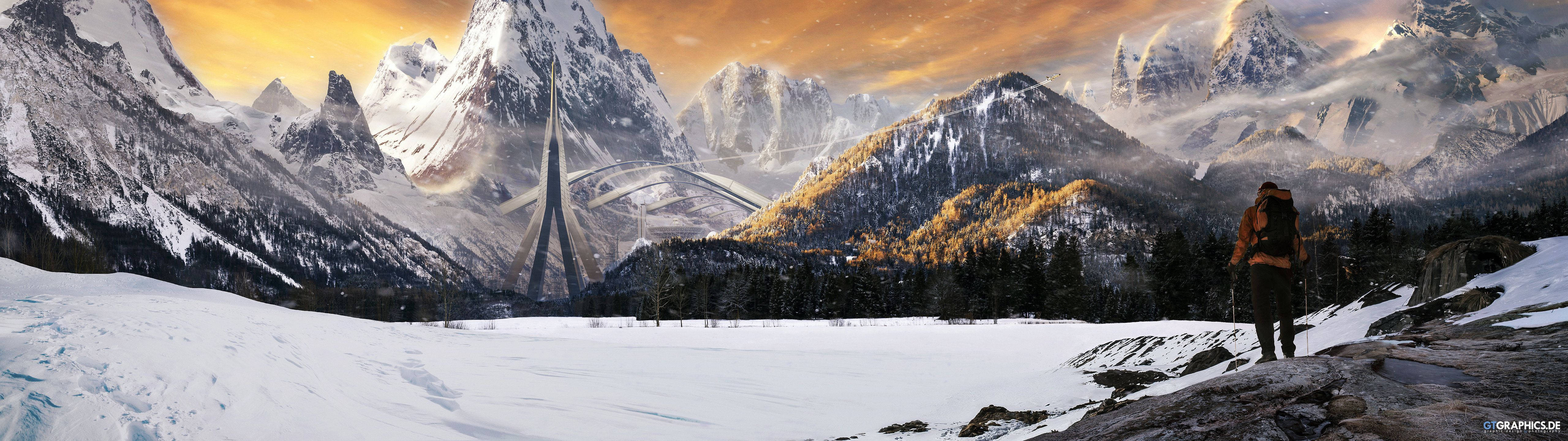 Un excursionista solitario admira una majestuosa cordillera desde abajo. Fondos de pantalla