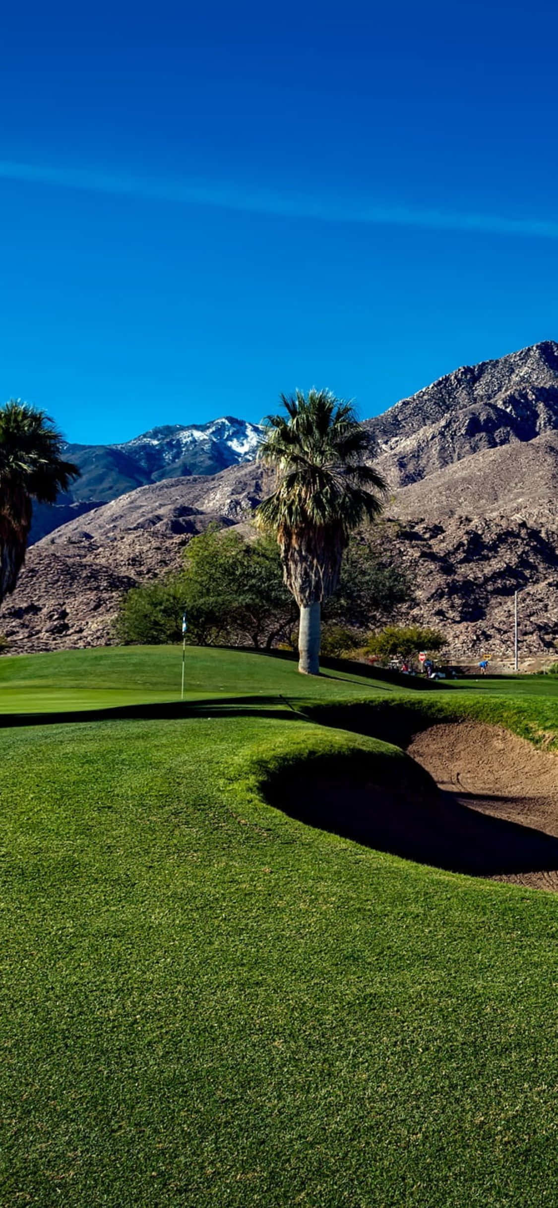 Un exuberante campo de golf verde se extiende frente a un iPhone X. Fondos de pantalla