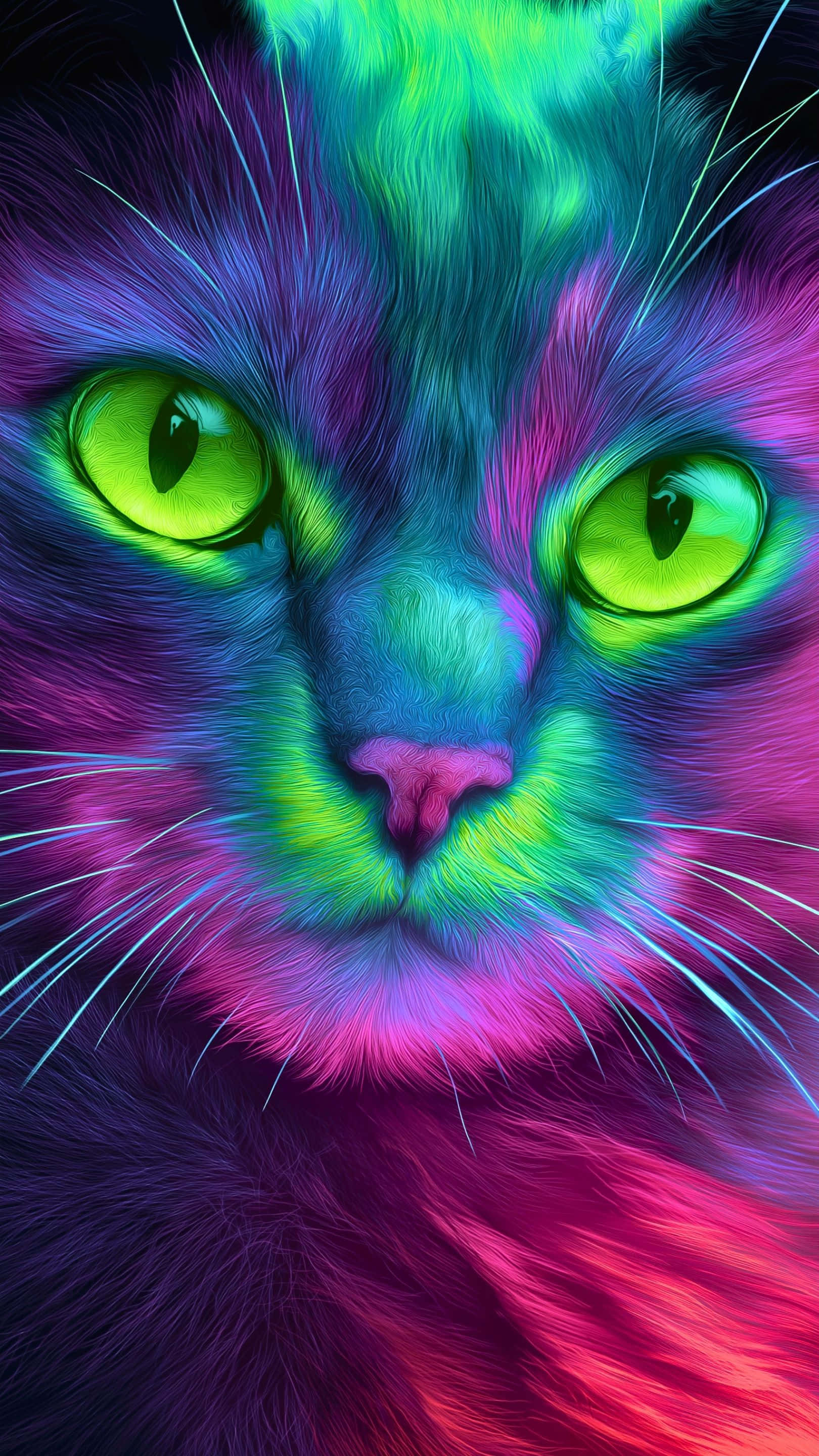 Un fascinante primer plano de un gato neón vibrante con ojos verdes brillantes y patrones de pelaje psicodélicos Fondos de pantalla