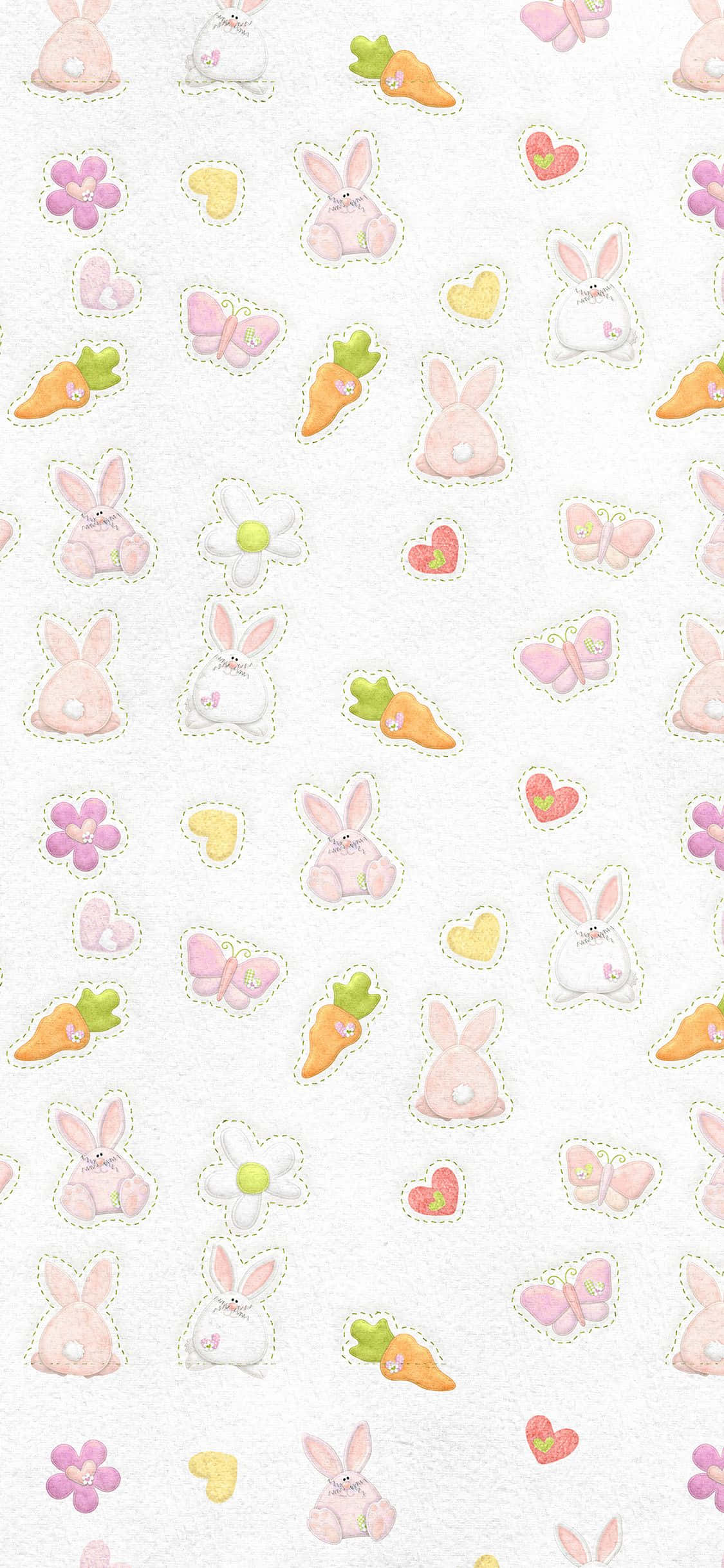 Un fondo blanco con un patrón de conejitos y zanahorias Fondos de pantalla