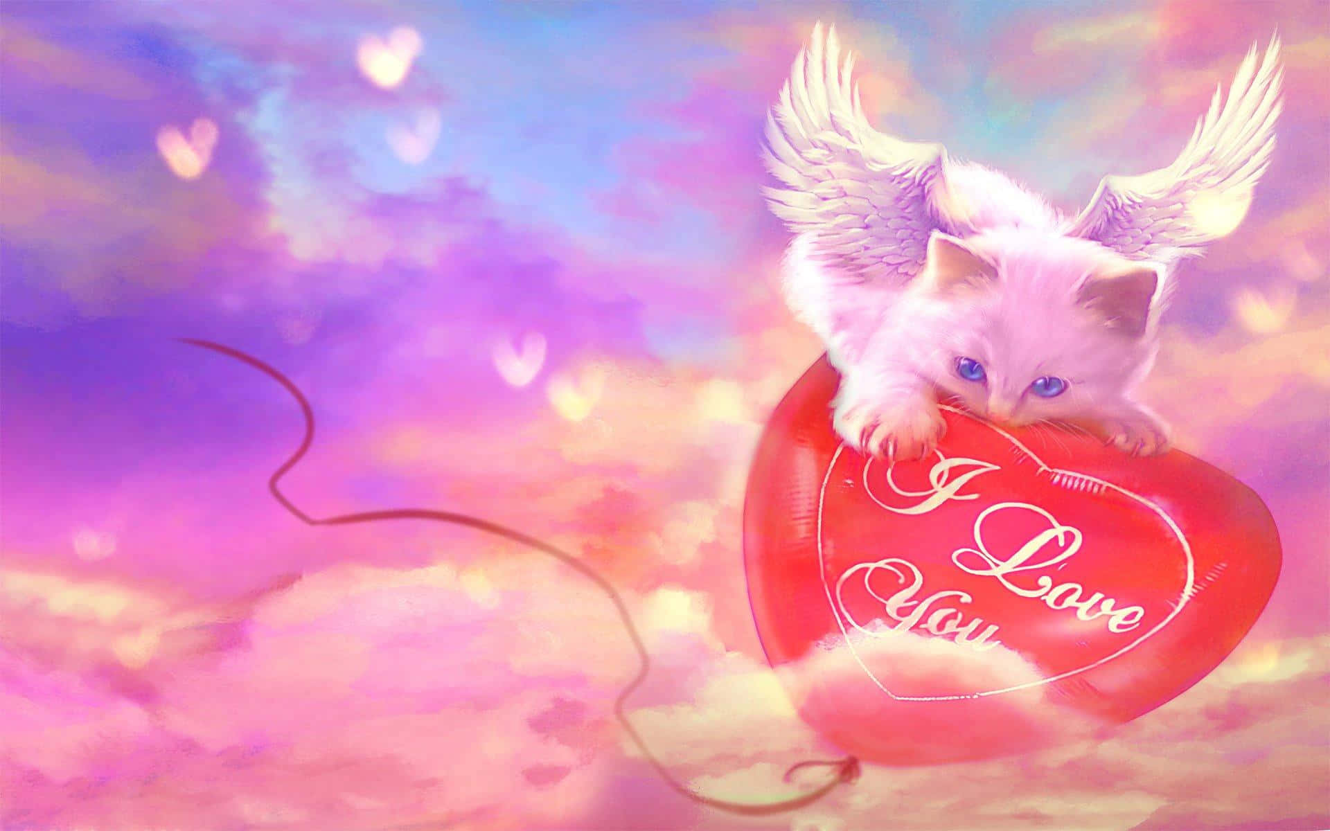 un gatito con alas volando sobre un globo en forma de corazón Fondos de pantalla