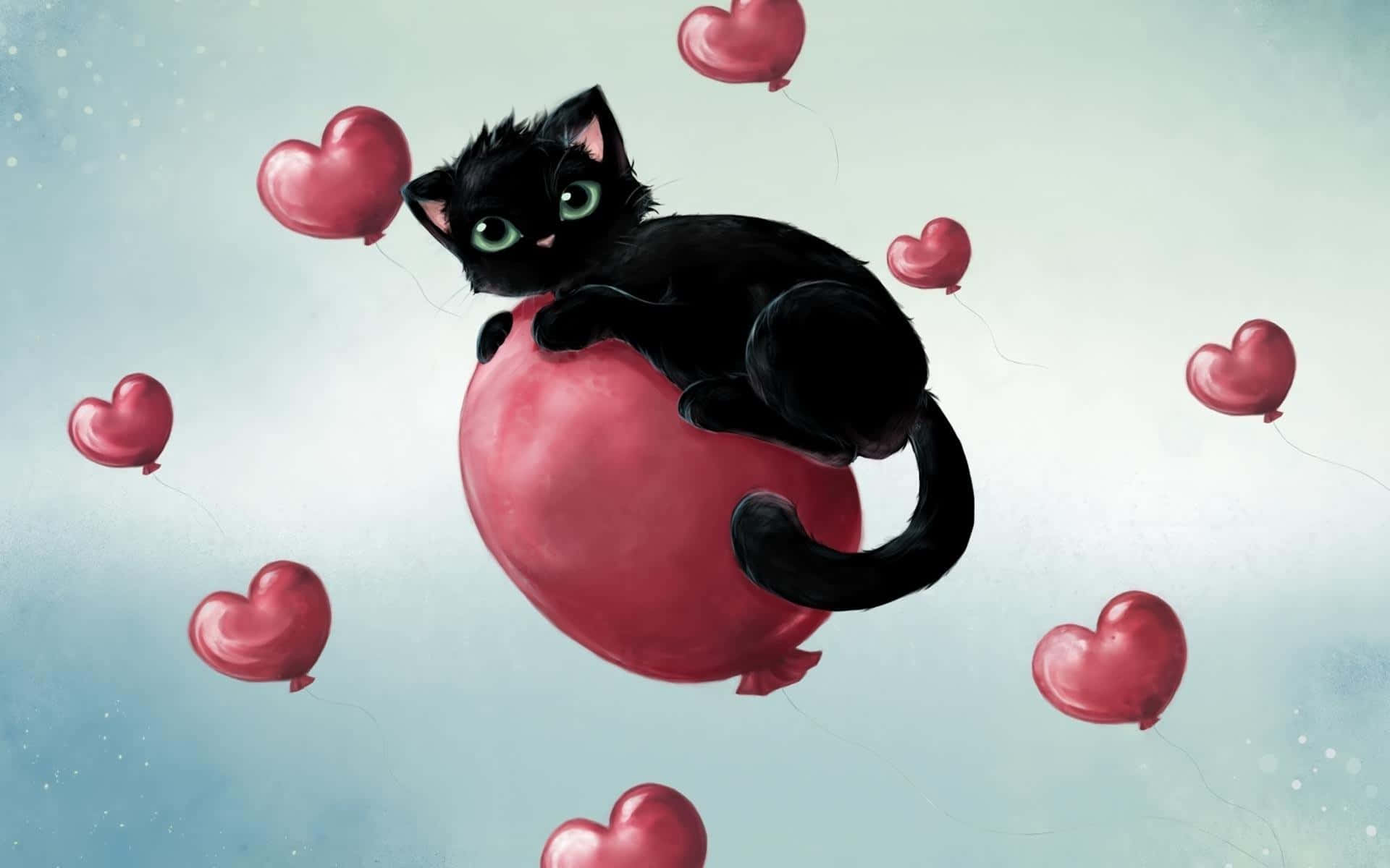 un gato negro sentado sobre un globo rojo con corazones Fondos de pantalla